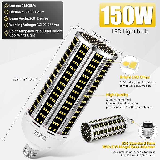 150W 2 pack LED Corn Light Bulb(1500W Equivalent ) ,Commercial Grade DayLight 5000K E26/E39 22900LM Medium Mogul Base LED Lamp,Large Area Lights For Outdoor Indoor Garage Warehouse Factory Bay Light