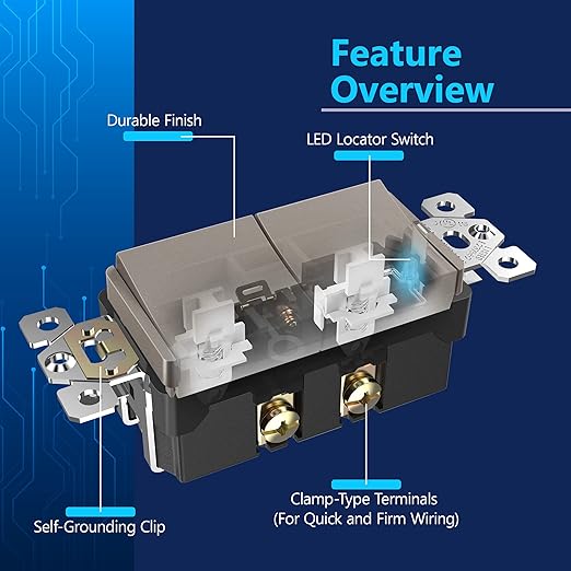 LIDER Matte Finish Lighted Double Switch with Screwless Wall Plate, Combination Frameless Decorator Switch with Locator Light, Ground Terminal Single Pole, 15A 120V, UL Listed, Nickel, 2 Pack