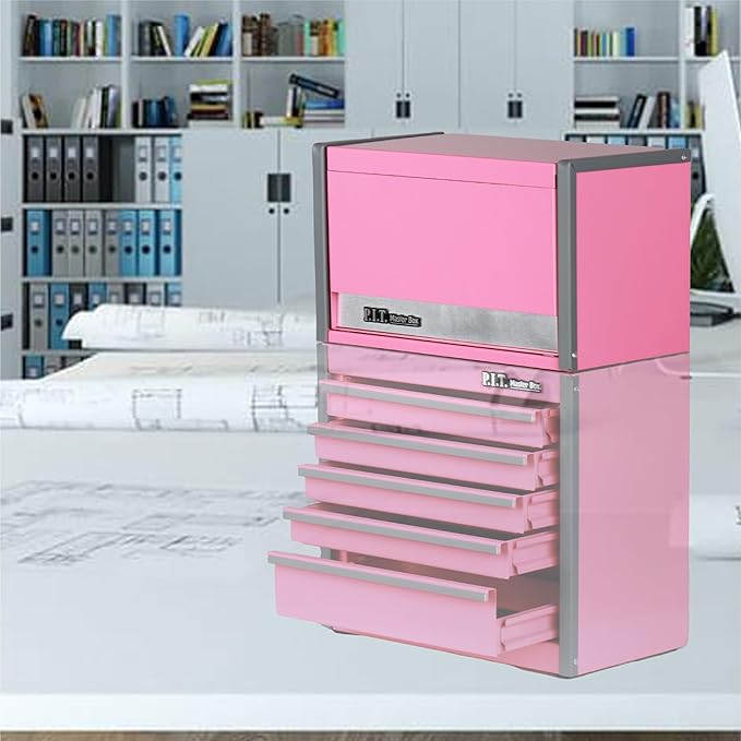 P.I.T. Mini Pink Tool Box, Portable 3 Drawer Steel Stackable Tool Box with Magnetic Tab Locking, Pink Micro Top Chest with Liner for Tools Storage and Organizers, Home DIY