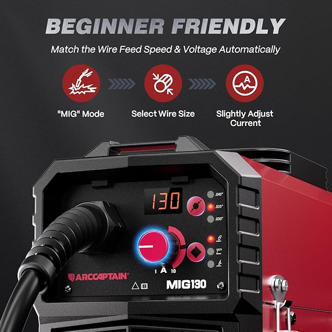 ARCCAPTAIN 130A MIG Welder, 110V Flux Core MIG Welder/Lift TIG/Stick 3 in 1 Welding Machine with Synergy, IGBT Inverter Portable Gasless Welder Equipment with Welding Gun and 2lb Welding Wire