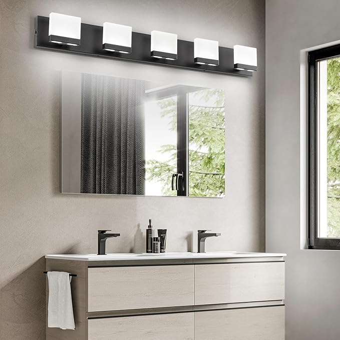 SineRise LED Modern Bathroom Vanity Light Fixtures (5-Light, 40-Inch, 5CCT), Matte Black Modern Acrylic Bathroom Wall Lighting Fixtures Over Mirror (3000K/3500K/4000K/5000K/6000K)