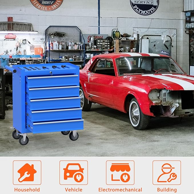 5-Drawer Rolling Tool Chest, Tool Box with 4 Wheels and Drawers, High Capacity Detachable Mobile Tool Storage Cabinet for Garage, Workshop, Mechanics and Repair Room (Blue)