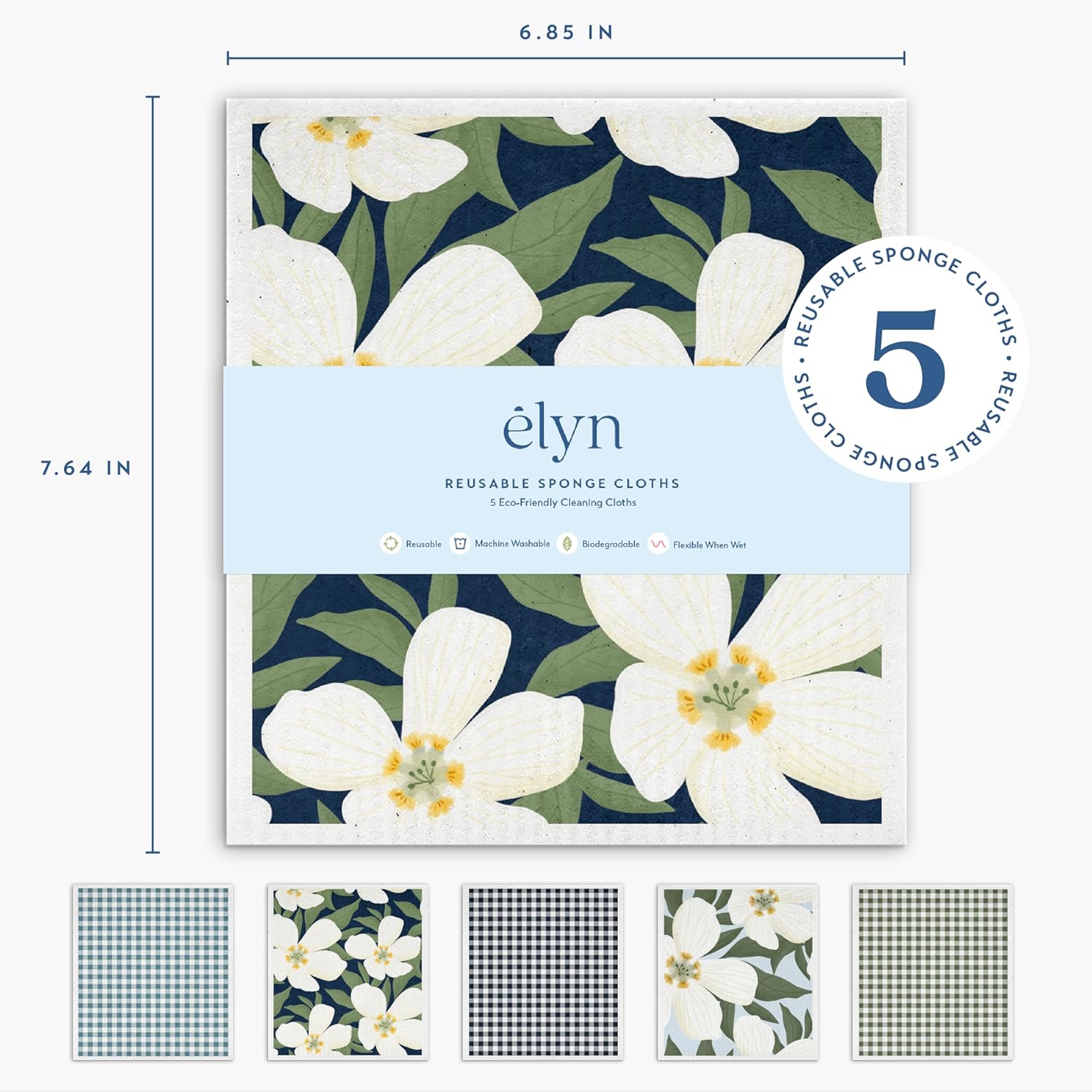 ELYN Swedish Dishcloths, Reusable & Washable Sponge Cloths, Absorbent Cleaning Paper Towels for Kitchen, Dishes, Counters and More, 5 Pack, Assorted Magnolia & Gingham Patterns