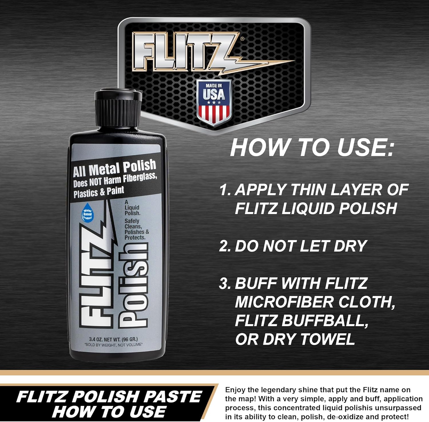 Flitz Multi Purpose Metal Polish Liquid - 3.4oz Bottle of USA-Made Tarnish Remover - For Aluminum, Chrome, Brass, Nickel, Silver - Non-Abrasive Metal Cleaner and Polish, Restorer (1 Pack)