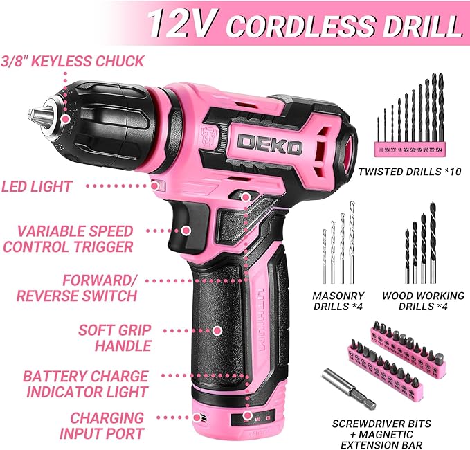 Pink Tool Set: Tool kit with 12V Cordless Drill Set for Women Home Hand Repair Tools Sets Drills Case