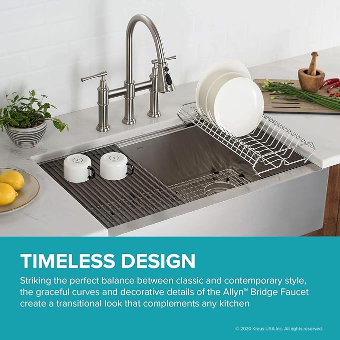 KRAUS Allyn Transitional Bridge Kitchen Faucet with Pull-Down Sprayhead in Spot Free Stainless Steel, KPF-3121SFS