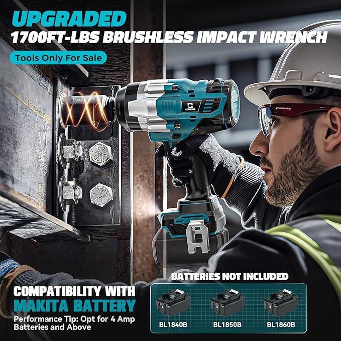Cordless Impact Wrench 1/2 inch for Makita Battery: 1700FT-LBS High Torque Impact Wrench Heavy Duty Tool - Brushless Electric Impact Gun Includes LED Work Light with 6 Sockets