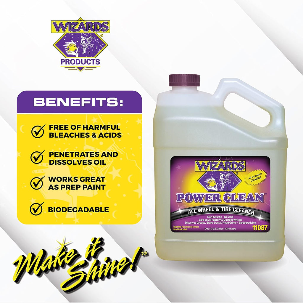 Wizards Power Clean Wheel and Tire Cleaner - Non Caustic and No Acid Biodegradable Interior Cleaning Supplies - Safe on All Kinds of Wheels - Dissolves Grease, Brake Dust and Road Grime - 1 Gallon