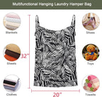 Linen Hanging Laundry Bag, 100% Linen Leaf Print Over The Door Laundry Hamper with Buttons and Zipper, Space Saving Door Hampers for Laundry Dirty Clothes Home Travel, Black, 19.7x27.5inches