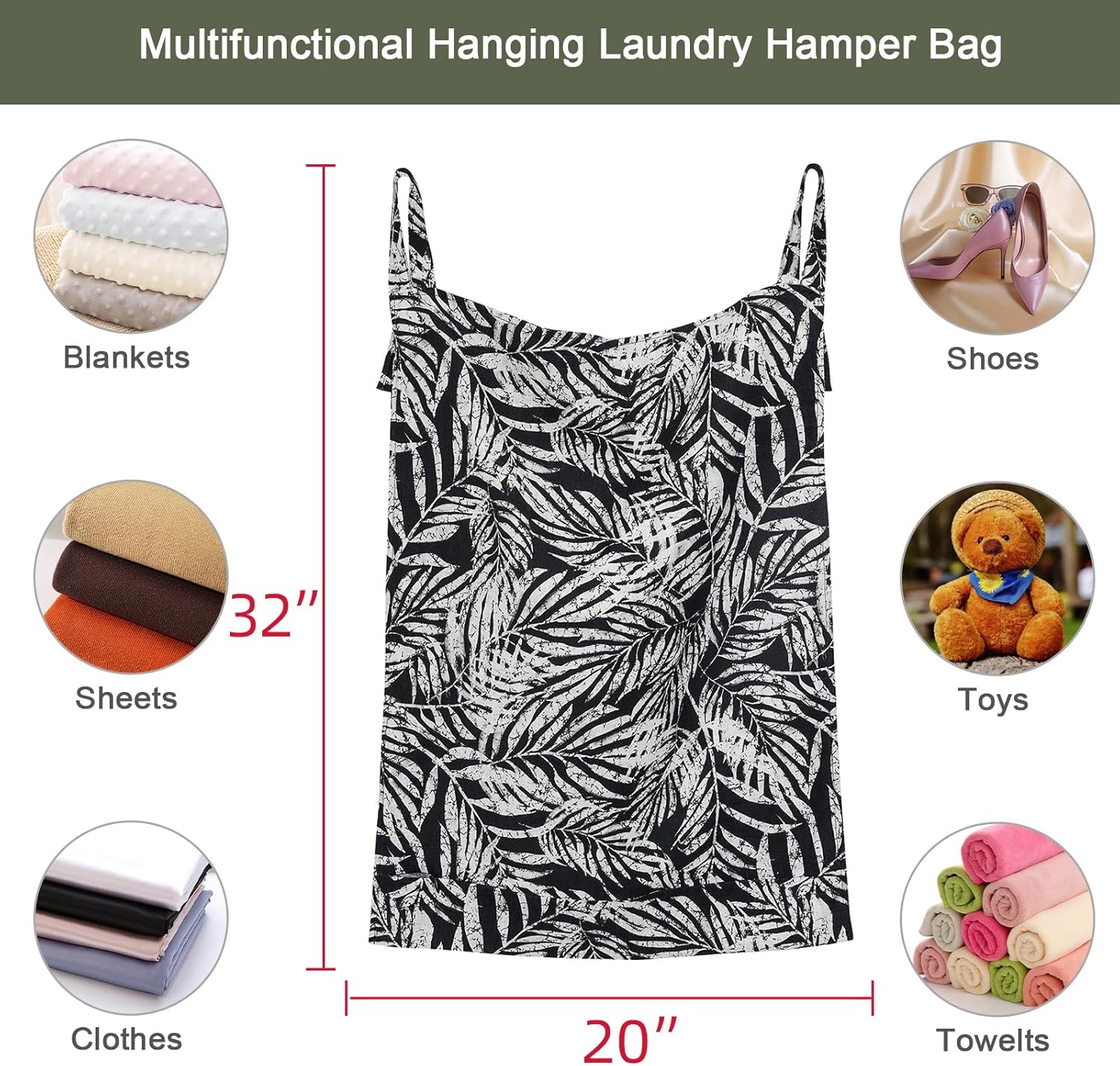 Linen Hanging Laundry Bag, 100% Linen Leaf Print Over The Door Laundry Hamper with Buttons and Zipper, Space Saving Door Hampers for Laundry Dirty Clothes Home Travel, Black, 19.7x27.5inches