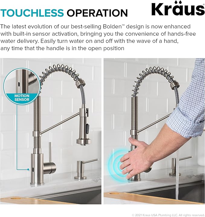 KRAUS Bolden Touchless Sensor Commercial Style 2-Function Single Handle Pull Down Kitchen Faucet in Spot-Free Stainless Steel, KSF-1610SFS
