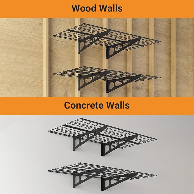 2x4 ft Garage Shelving, 2-Pack Wall-Mounted Shelves for Garage, Kitchen, Pantry Storage, 400 lbs Total Load Capacity Wall Shelving, Black