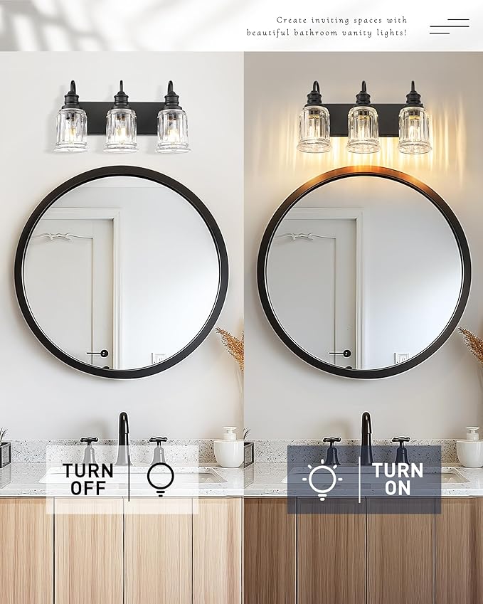 HWH INVESTMENT Bathroom Light Fixtures, 3-Light Matte Black Vanity Light, 18 Inch Wall Sconces with Bell-Shaped Clear Glass, Bathroom Wall Lights for Mirror Bedroom Hallway, 5HZG106B-3W BK