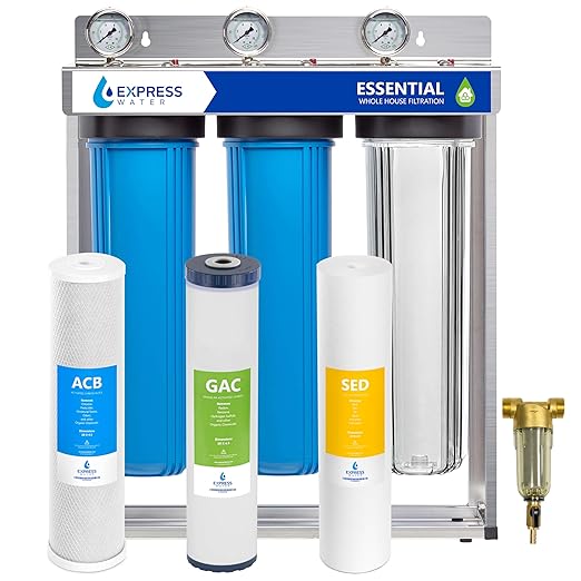 Express Water Whole House Water Filter System | ESSENTIAL | 3 Stage Whole Home Filter, Top-Tier Filters Produce Overachieving H2O, Significantly Reduces Chlorine & Sulfur Smell/Taste, Healtheir Skin