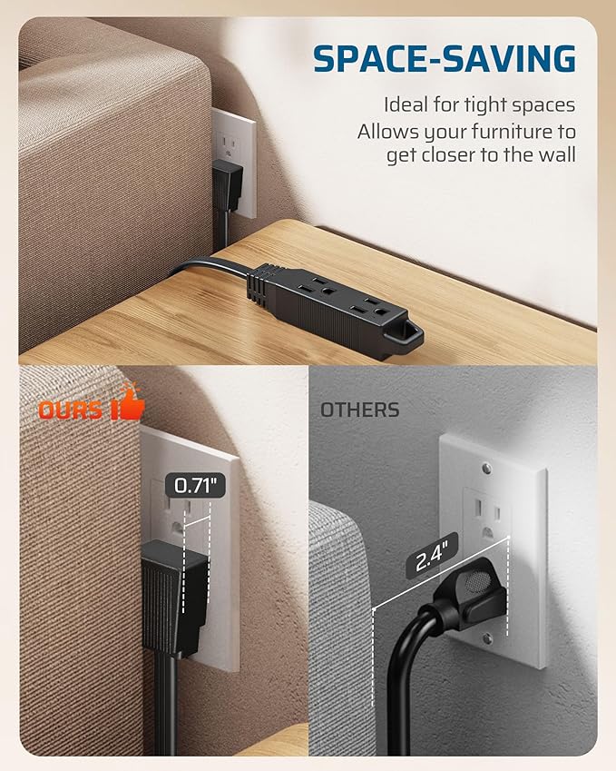 DEWENWILS 3 Outlet Extension Cord with Flat Plug, 1FT 16/3 Awg Grounded Power Cable for Indoor Use, SPT-3 Cord, Black, ETL Listed, 2 Pack