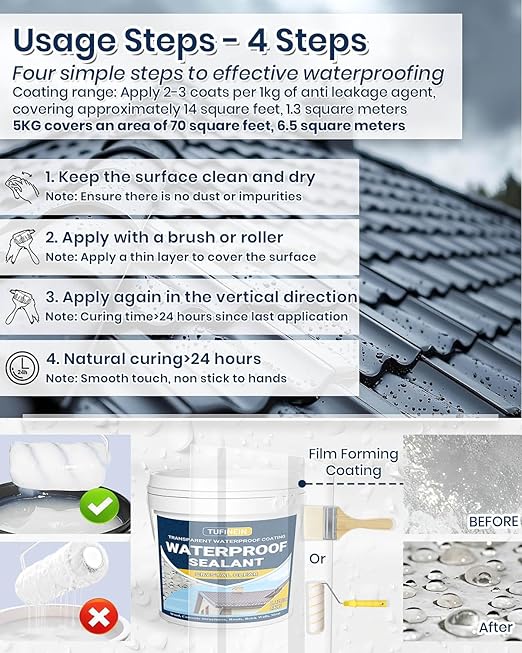Transparent Waterproof Coating, TUFINEIN 1.32 Gallon Invisible Waterproof Agent Indoor & Outdoor Sealant Water-Based Clear Sealant Roofs, Walls, Garden, Terraces