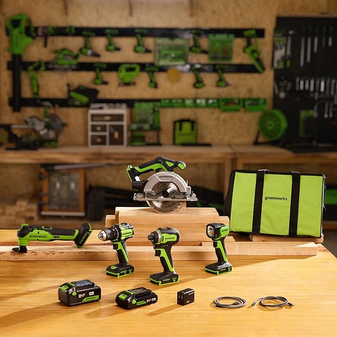 Greenworks 24V Cordless Brushless 5PCs Combo, Drill/Driver +Impact Driver +6.5" Circular Saw +Oscillating Tool +200LM Flashlight, 2.0Ah + 4.0Ah Batteries (24,000mAh Power Bank) and 65W USB-C Charger