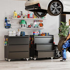 Garage Storage Cabinet with Wheels and Pegboard, Metal Rolling Tool Storage Cabinet with 3 Drawers for Garage, Home, Warehouse, Basement, Assembly Required, Black