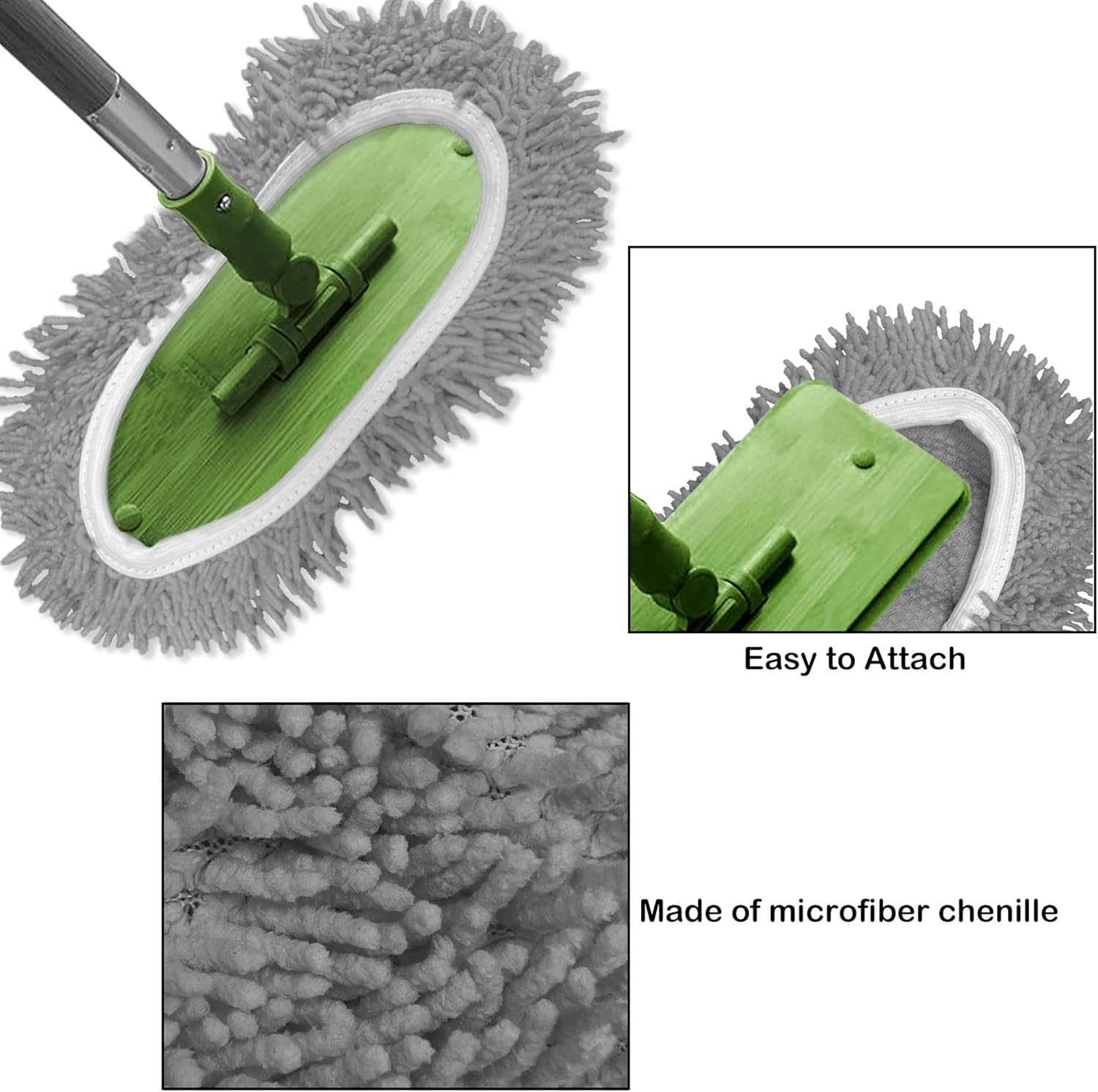 Reusable Microfiber Chenille Mop Pads Compatible with Swiffer Sweeper, Dry Sweeping Cloths & Wet Mopping Cloths, Refills for Hardwood Surface Floor Cleaning, 4 Pack (Grey)