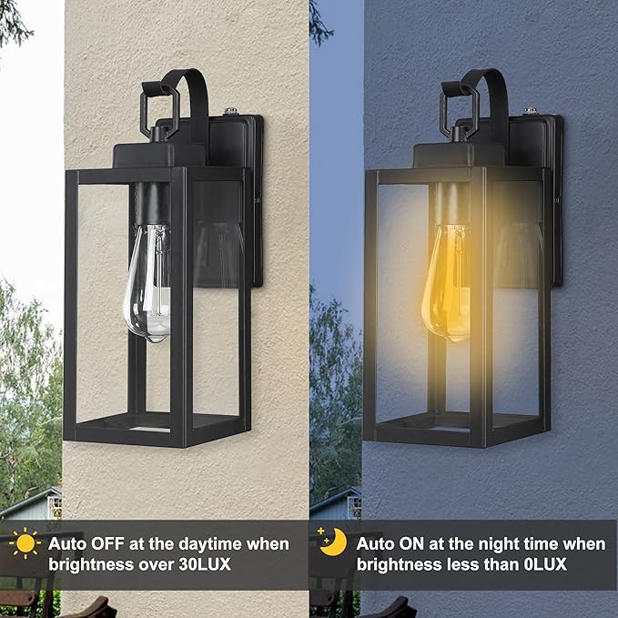 Pia Ricco Outdoor Wall Lights, Dusk to Dawn Matte Black Exterior Light Fixture with Clear Glass Shade, Photocell Sensor Front Porch Lighting, Modern Sconce Lantern for House, Garage, Patio, ETL Listed