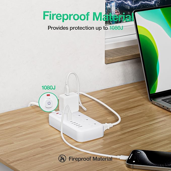 Surge Protector Power Strip - 8 AC Outlets & 6 USB Ports (4A/2C), 1080J Extension Cord with Multiple Outlets, 2-Sided Outlet Extender, 10FT Extension Cord, Wall Mount for Travel, Dorm Room