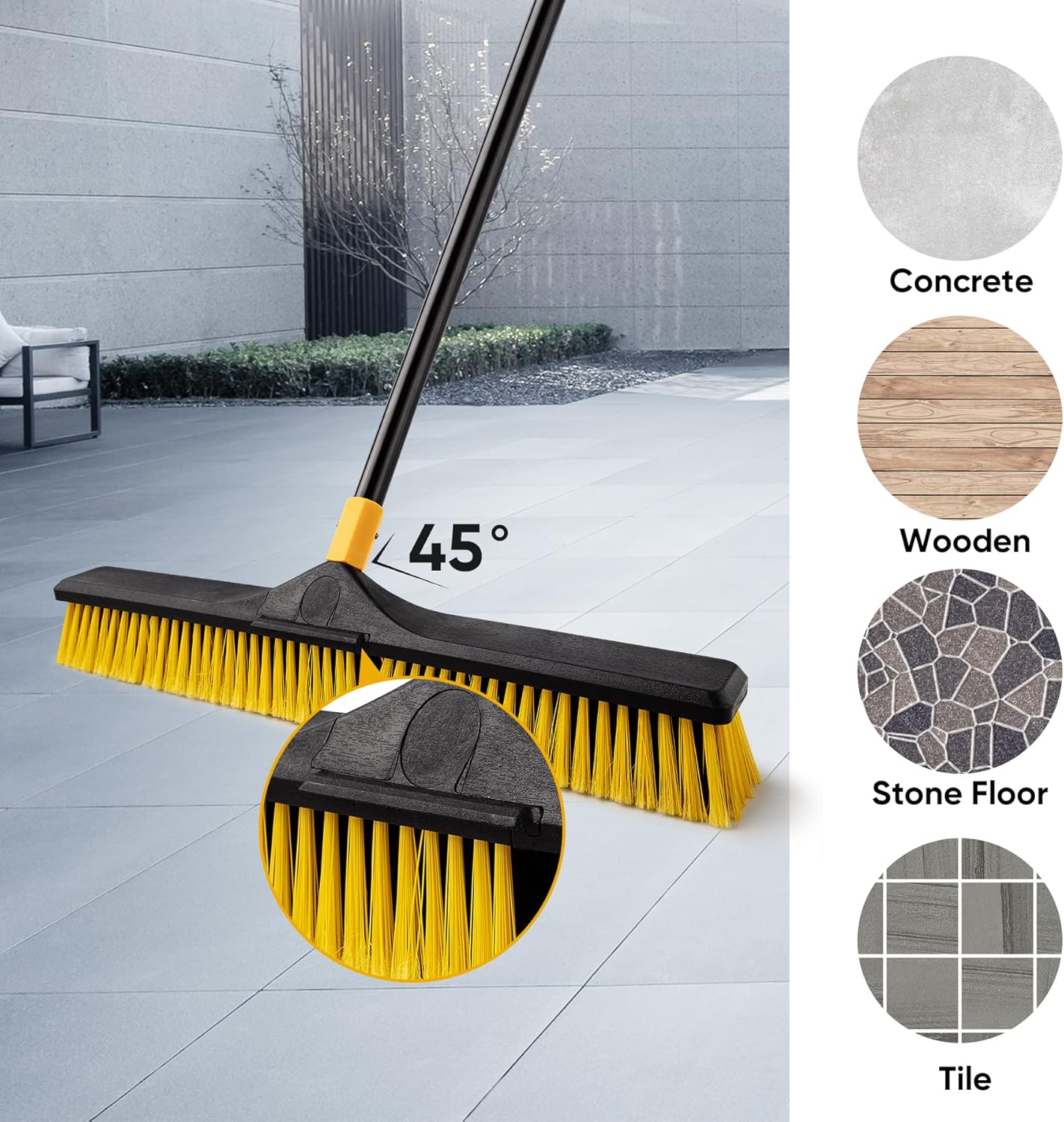 Yocada 24 inch Push Broom Brush 65.3 inch Long Handle Stiff Bristles Heavy-Duty Outdoor Commercial Broom for Cleaning Bathroom Kitchen Patio Garage Deck Concrete Wood Stone Tile Floor