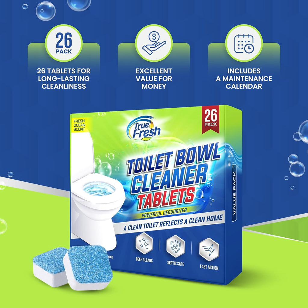 True Fresh Toilet Bowl Cleaner Tablets 26 Pack – Deodorizer & Septic Safe – Deep Cleaning, Odor Eliminator, Stain Remover for Long-Lasting Freshness – Fresh Ocean Scent