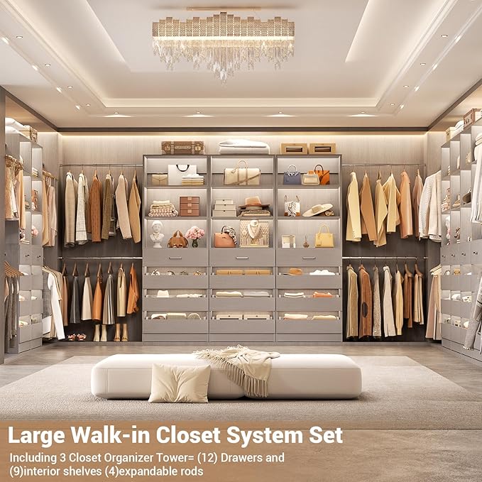 Aheaplus Closet System with 12 Drawers, 8.5-11.5Ft Wood Closet Organizer System with 4 Hanging Rods & 3 Towers, 4Ft & 6Ft L-Shaped Walk-in Closets Wardrobe Organizer Clothes Rack, Set of 3, Grey