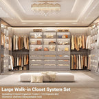 Aheaplus Closet System with 12 Drawers, 8.5-11.5Ft Wood Closet Organizer System with 4 Hanging Rods & 3 Towers, 4Ft & 6Ft L-Shaped Walk-in Closets Wardrobe Organizer Clothes Rack, Set of 3, Grey