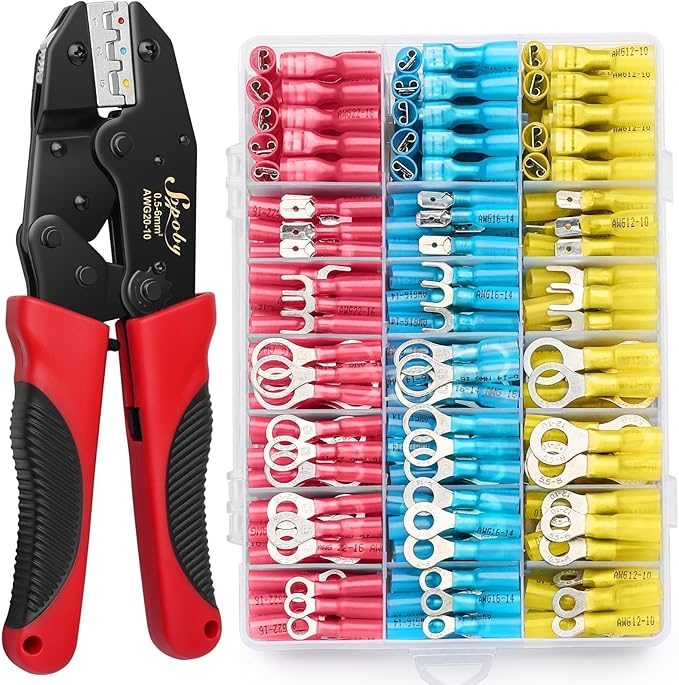 Sopoby Crimping Tool For Heat Shrink Connectors with 300PCS Marine Grade Heat Shrink Wire Connectors - Tinned Red Copper - Electrical Crimping Tool - AWG 22-10 Electrical Ring Fork Spade Splice