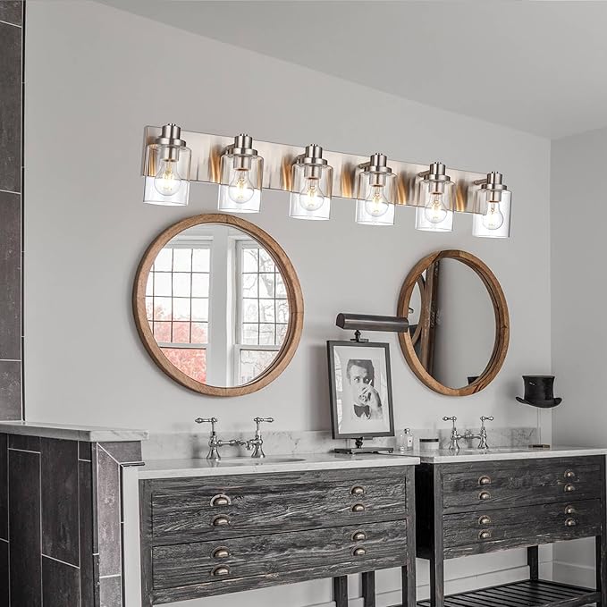 6 Light Vanity Light Brushed Nickel Bathroom Lighting Fixtures Over Mirror, Modern Bathroom Light with Clear Glass Shade, Farmhouse Vanity Lights