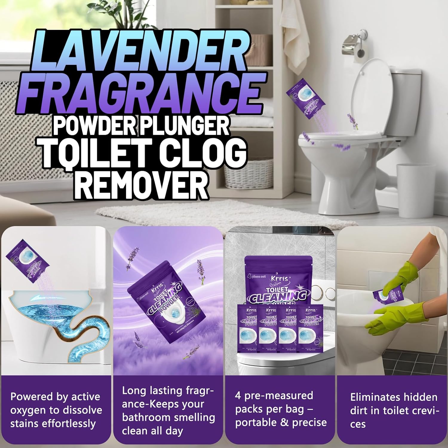 Toilet Bowl Cleaner Powder - Self-Activating Toilet Cleaner for Stubborn Stains & Limescale, Deep Cleaning Foam with Lavender Fragrance, Safe Toilet Cleaning Supplies (4 Packs × 3 oz)