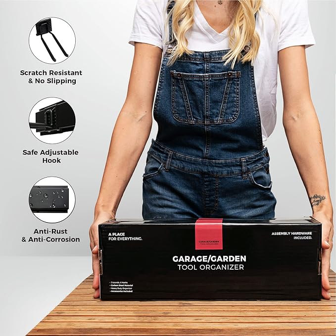 TIDYME Garage Tool Organizer Wall Mount - 32 inches - Sturdy Storage Rack with Adjustable Hooks, Anti-Rust - Easy Installation, 200lbs Capacity - Garden Tool Organizer (02 Racks & 04 Hooks)