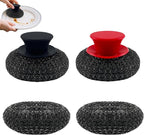 2Pack Stainless Steel Wool Scrubber with Rubber Handle & 2 Pads for Cleaning Dishes, Kitchen Pots, Pans, Grills (Red+Black)