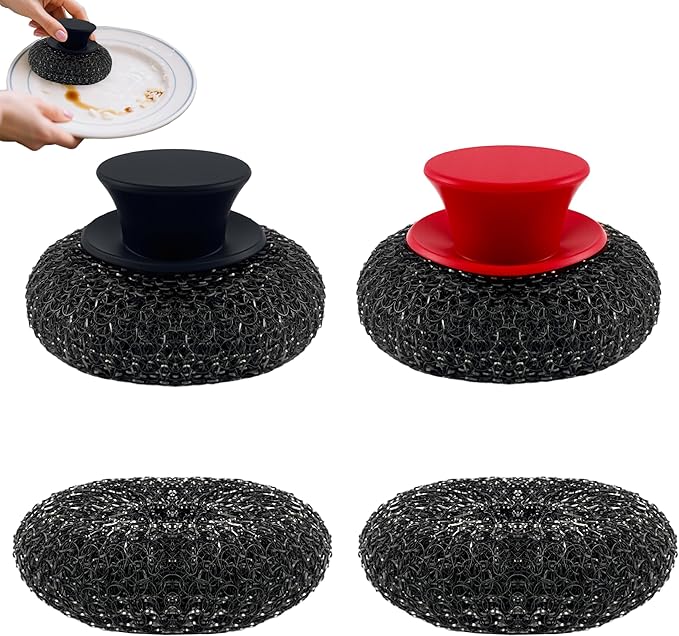 2Pack Stainless Steel Wool Scrubber with Rubber Handle & 2 Pads for Cleaning Dishes, Kitchen Pots, Pans, Grills (Red+Black)