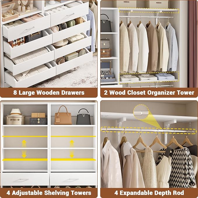 Aheaplus Closet System with 8 Wooden Drawers, Wood Closet Organizer System with Tower, Walk-in Closet Organizer Wardrobe Clothes Rack with 4 Hanging Rods, Garment Rack, Cut to Fit 7-12Ft, White