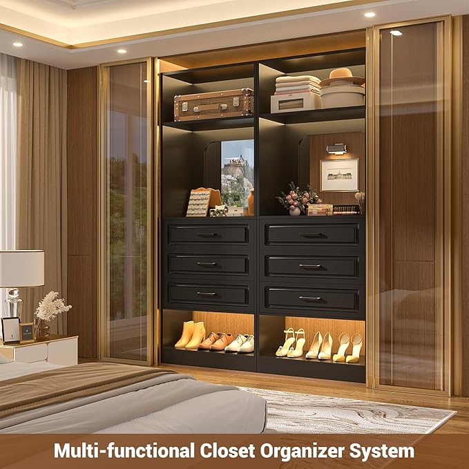 Unikito 25”Freestanding Closet System with 3 Drawers, Organizer Wardrobe with Storage Shelves and Mirror, Sturdy Wood Walk-in Organizer Systems for Small Closets, 25" W x 16" D x 80" H, Black