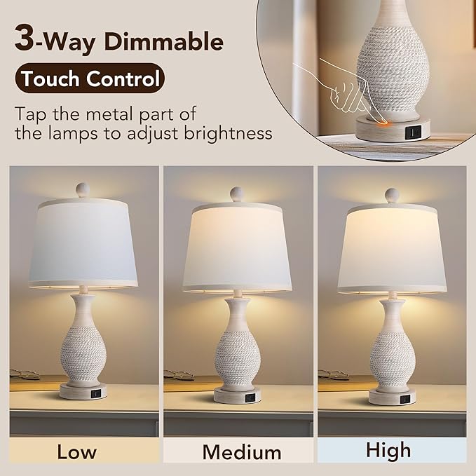 PARTPHONER Traditional Table Lamps Set of 2, Bedside Touch Lamp with USB C+A Charging Ports, Rustic Farmhouse Table Lamps for Living Room Bedroom, Side Table Lamp with White Fabric Shade, Antique Grey