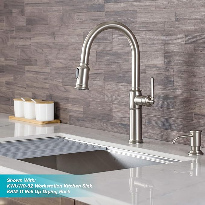 KRAUS Sellette Traditional Spot Free Stainless Steel Single Handle Pull-Down Kitchen Faucet with Deck Plate and Soap Dispenser, KPF-1682SFS-KSD-80SFS
