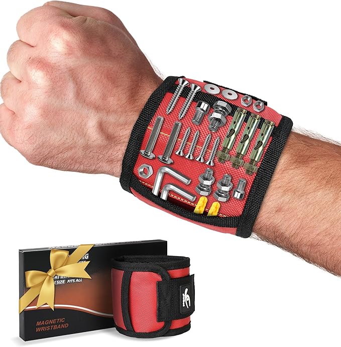HiRui Magnetic Wristband for Tools – Ultra-Strong 15 Neodymium Magnets Hold Screws, Nails & Bits, Dual Pockets – Hands‑Free for DIY, Home Repairs, Auto – Gift‑Ready for Dad, Husband, Grandpa (Red)