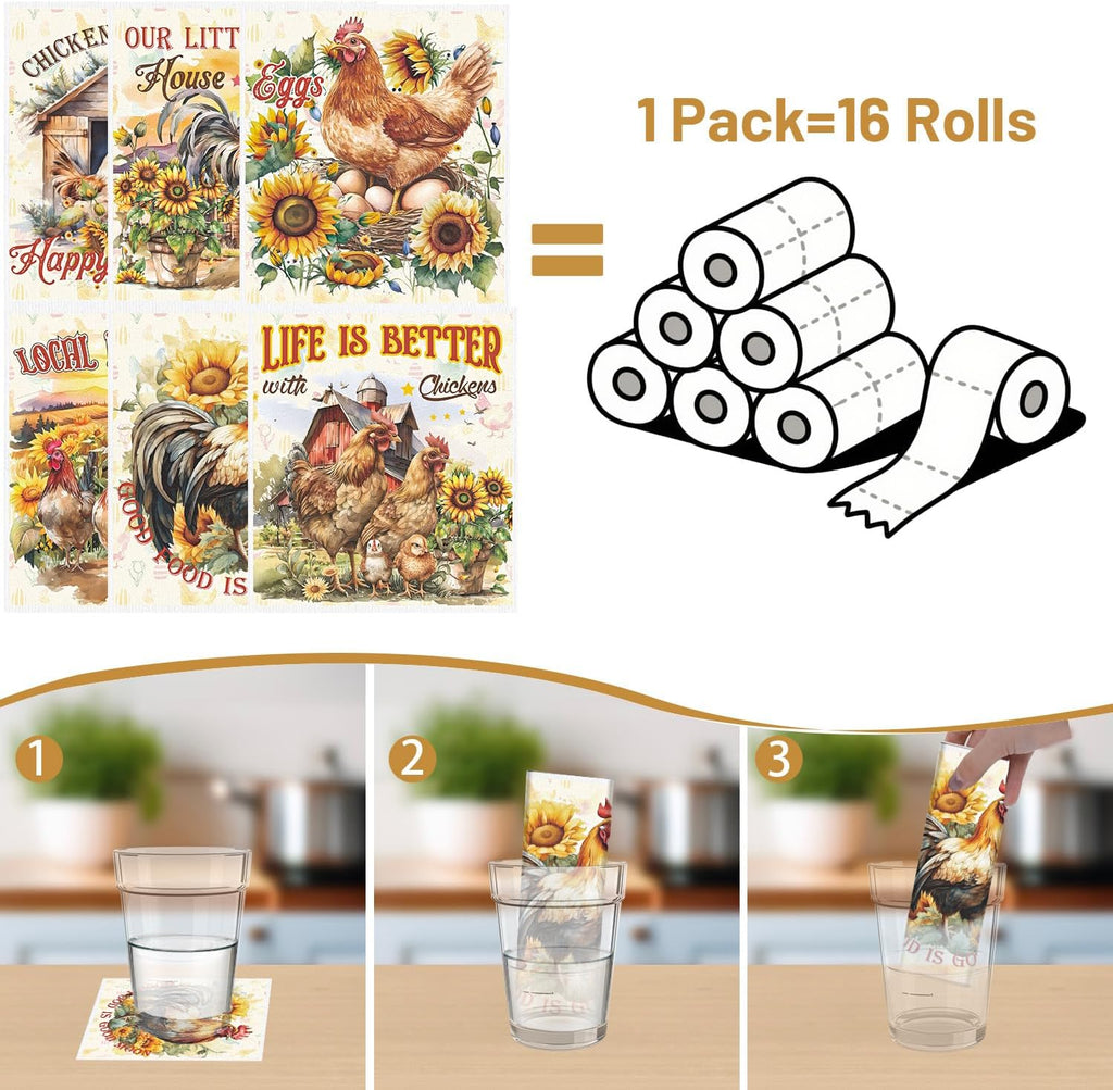 Swedish Dishcloths for Kitchen, 6 Pack Farm Reusable Paper Towels Housewarming Gifts for Women, Chicken Rooster Absorbent Dish Rags for Washing Dishes