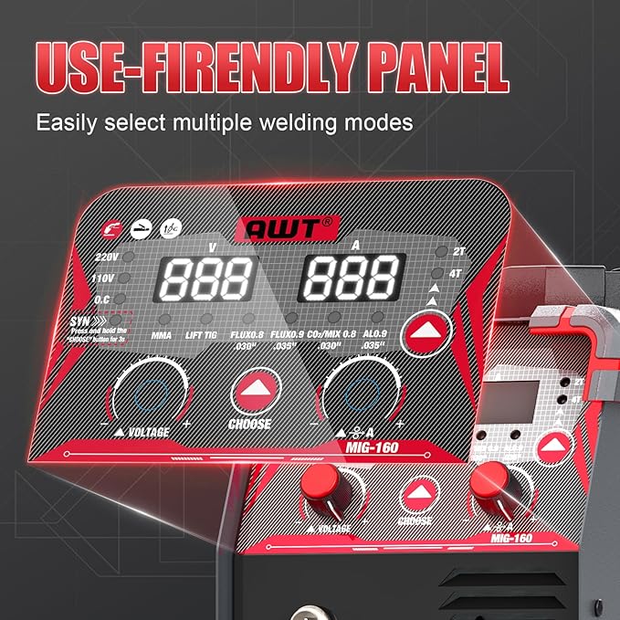 AWT Simplified Aluminum 160A MIG Welder,6 in 1 Gas MIG/Gasless Flux Core MIG/Stick/Lift TIG/Aluminum MIG Welding Machine, 110/220V Dual Voltage,Multi-Process Welding Machine