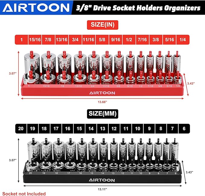 AIRTOON 3/8-Inch Drive Socket Organizer Trays, 2-Piece SAE and Metric Socket Tray Set, Deep and Standard Socket Holders Organizers for Toolbox, Black & Red