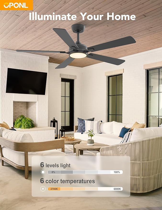 52 Inch Black Ceiling Fan with Light with Remote Control, Large Air Volume, modern ceiling fan with light for Bedroom Kitchen Dining room Patio- Donwrod Mount