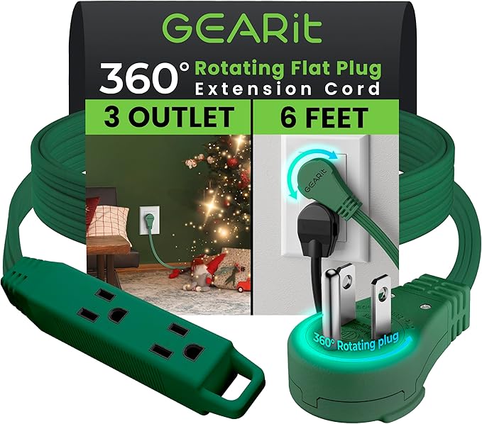 GEARit 360 Rotating Flat Plug Short Extension Cord with 3 Outlets (6ft, Green) 16AWG/13A 3 Prong Wire, Outlet Saver for Home Office Dorm Room Essentials, ETL Certified