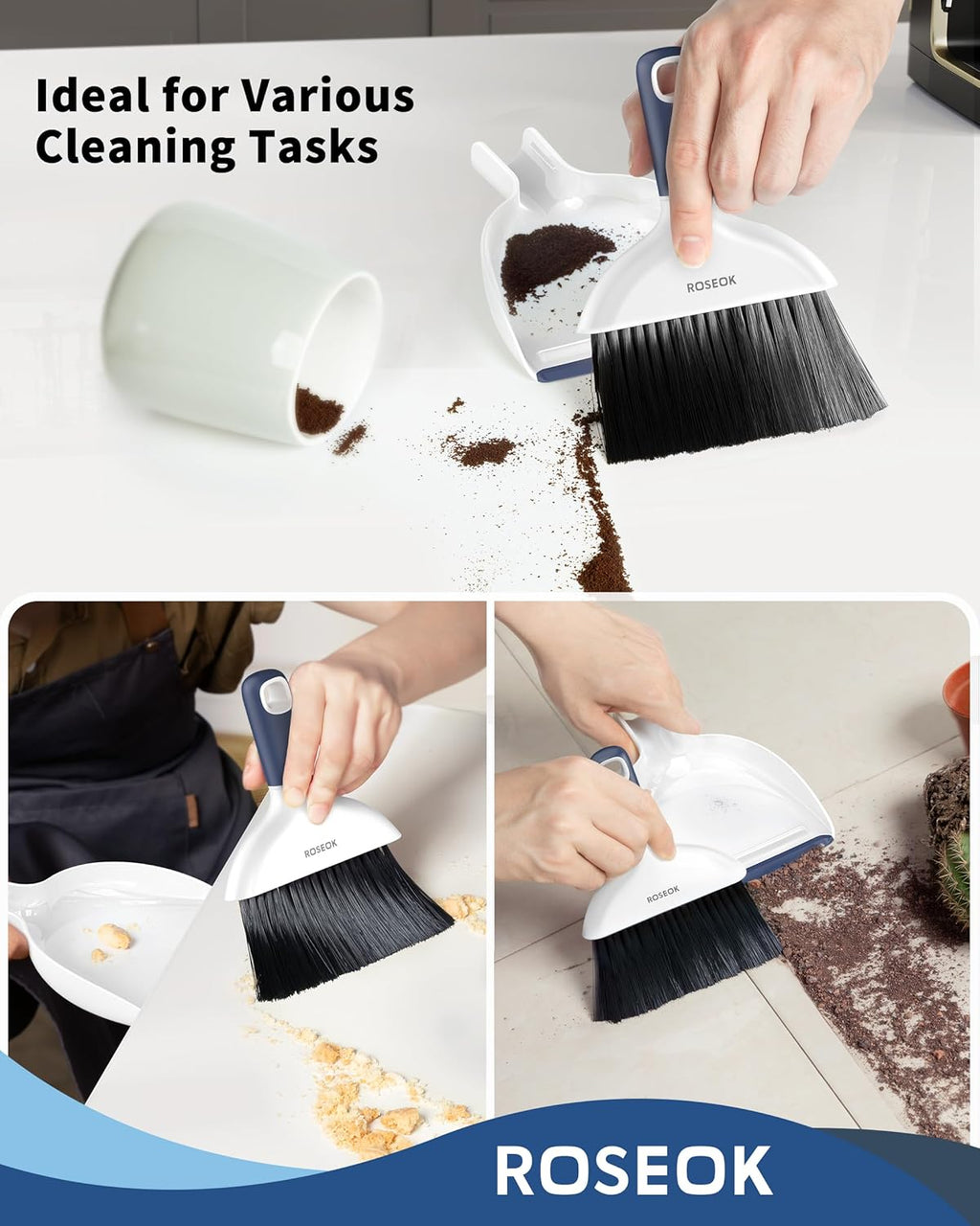 Mini Broom and Dustpan Set for Cleaning, Compact Desktop Dustpan with Brush for Kitchen Counter, Office, Car, Navy Blue, 1 Pack