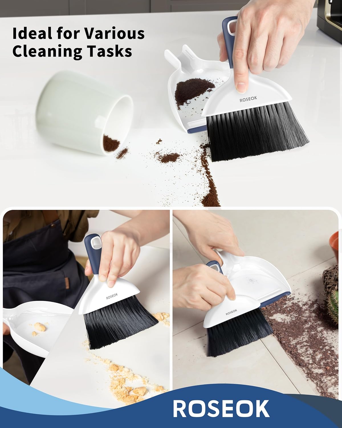 Mini Broom and Dustpan Set for Cleaning, Compact Desktop Dustpan with Brush for Kitchen Counter, Office, Car, Navy Blue, 1 Pack