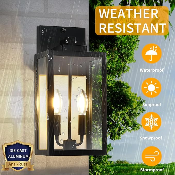 15.4" Dusk to Dawn Black Outdoor Wall Lantern 2-Light, Outside Modern Wall Sconce Light Fixture, Industrial Porch Light with E12 Sockets, Waterproof Exterior Lamp Lighting, 1 Pack
