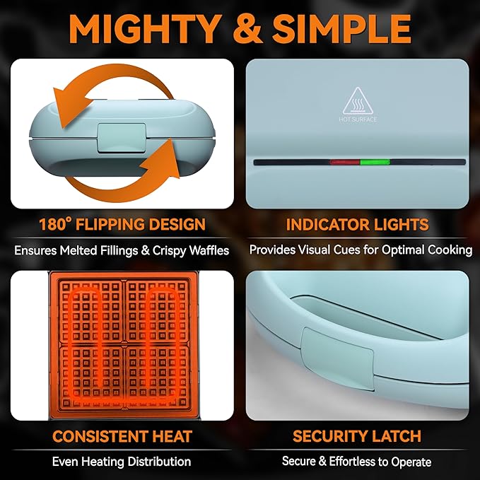 Baker’s Friend Belgian Waffle Maker, Square Waffle Iron, Waflera Electrica, Non Stick Cooking Plate, Classic & Multi Waffle Makers, 4-Slice, Aqua