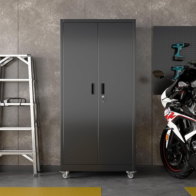 Garage Storage Cabinet with Wheels & Pegboard, 71" H×34" W×18" D Locking Metal Storage Cabinet with 2 Doors and 5 Adjustable Shelves for Garage Home, Assembly Required, Black